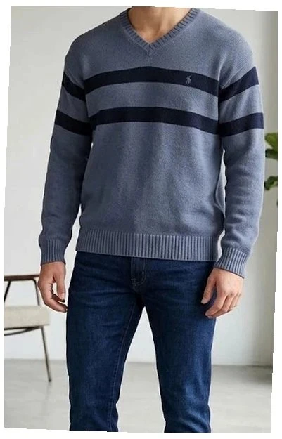 Pull col V Polo Ralph Lauren rayé bleu marine taille XL homme